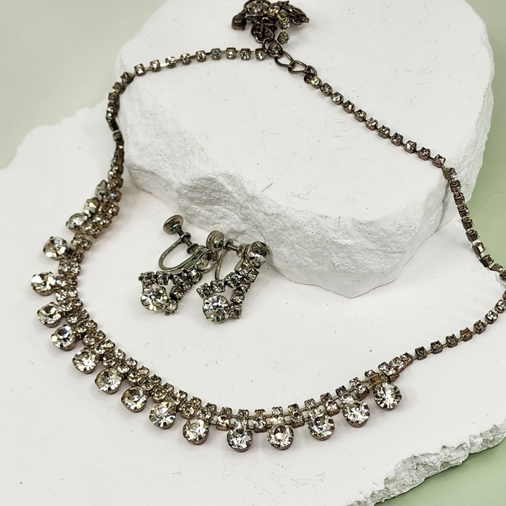 Rhinestone Fringe Necklace Earrings Set Vintage Silver Tone Glam Bridal Jewelry